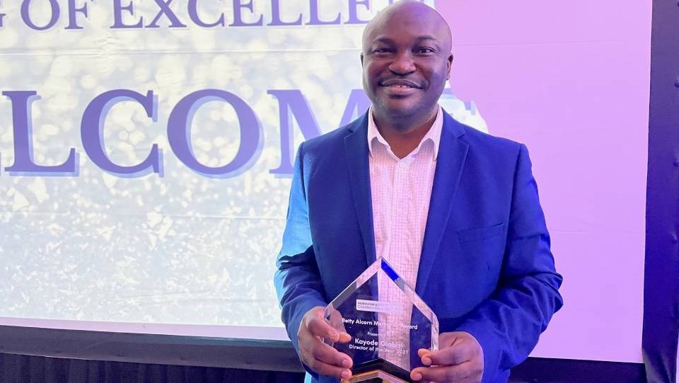 Kayode Olabisi was presented with the Betty Alcorn Memorial Award for director of the year by the North Bay & District Chamber of Commerce as part of its 2021 awards ceremony.
