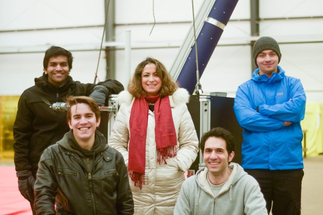 Toronto-based SpaceRyde chose Jack Garland Airport in North Bay for the first test flight of its satellite-launch system on June 9. The team comprised (clockwise from back left) Anirudh Agarwal, Saharnaz Safari, Jonathan Lesage, CEO Sohrab Haghighat and Andreas Marquis. (Supplied photo)