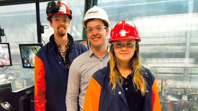 Graduate engineer trainees on assignment in Algoma’s Direct Strip Production Complex. As part of the program, participants are rotated through a number of departments at the Sault company to prepare them for their future roles at the company. (Algoma photo)