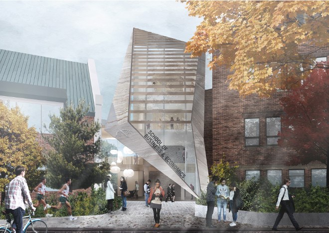 Schematic renderings drawn up by architecture firm Lebel & Bouliane depict what Algoma University’s new School of Business and Economics might look like once completed. (Supplied image)