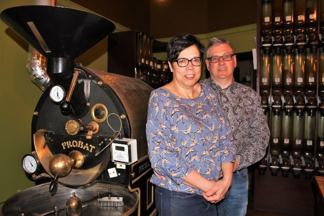 Carole Roy, left and Luc Roy pose next to their roastery and coffee selection at the Sommolier de Cafe/Old Rock roastery location on Minto Street May 26. the Sudbury-based coffee and tea business has entered into a licensing agreement to sell their coffee and tea with The Dock on Queen in Toronto, which is owned and operated by former Sudbury resident and musician Mimi O'Bomsawin.
Karen McKinley photo