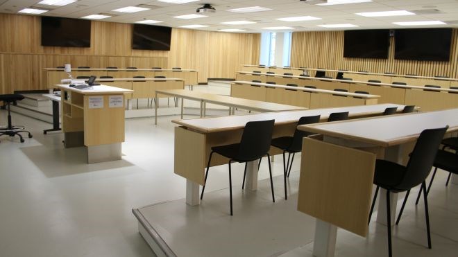 Most of Laurentian University's classrooms have movable furniture, but there are a few with fixed desks and flat-screen TVs around the room for lectures and presentations. Karen McKinley photos
