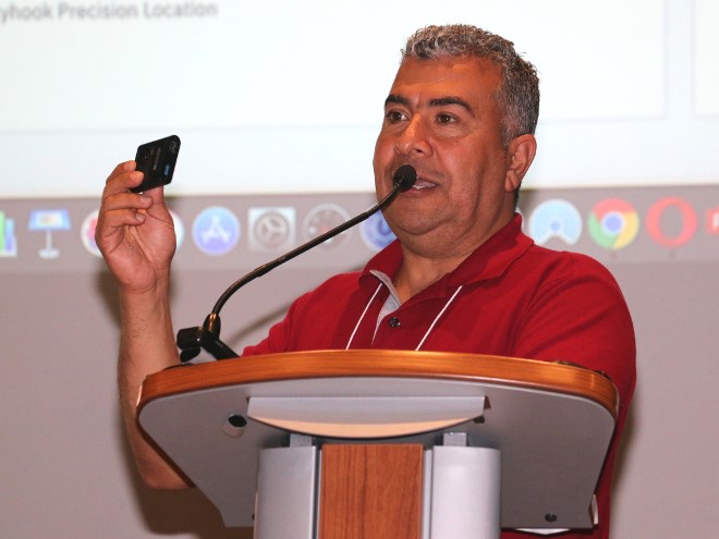 Sarmad Ibrahim, a member of IBM’s National Innovation Team, was in Sudbury on Aug. 20 to help local mining businesses understand the importance of incorporating new technology into their operations. Ibrahim held up an IBM Q, the company’s newest quantum computer. The event was held at the Cambrian College Centre for Smart Mining. (Len Gillis/Sudbury Mining Solutions Journal)