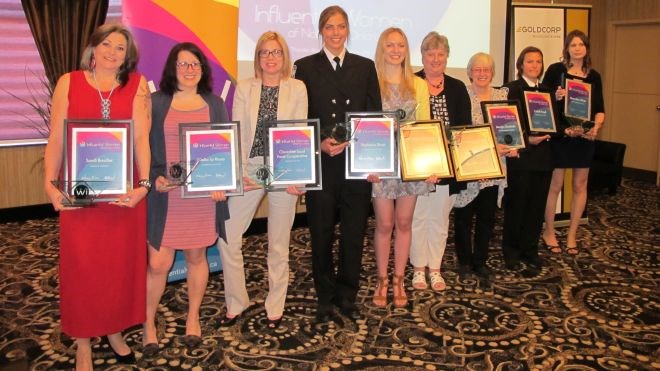 Influential Women Award winners include (from left): Sandi Boucher, Aboriginal Leadership; Nadia La Russa, Entrepreneur of the Year; Stephanie Drost, Tradeswoman of the Year; Peyton Harris, Young Influential Essay Scholarship; Joanne Berube, Executive of the Year; Marilyn Grudniski, Influential Community Trailblazer; Ceilidh Boyd, Tradeswoman of the Year; and Sherri-Ann White, Young Entrepreneur of the Year.    