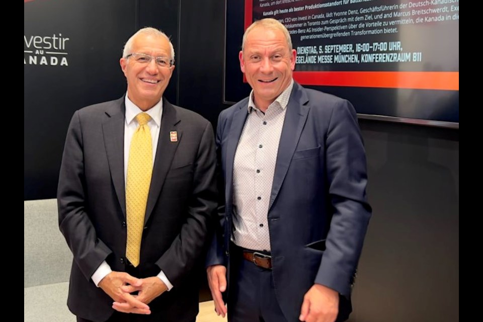 Provincial Economic Development Minister Vic Fedeli meets with Rock Tech Lithium CEO Dirk Harbecke at the recent IAA Mobility conference in Munich, Germany. (Company photo)