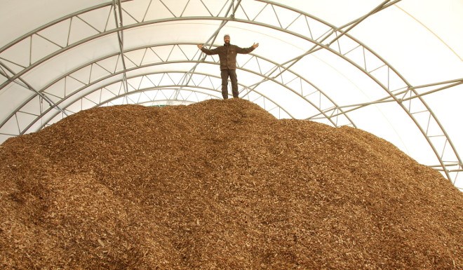 Biothermic Wood Energy Systems president Vince Rutter shows off a shed full of wood chips at his processing site in Thunder Bay.