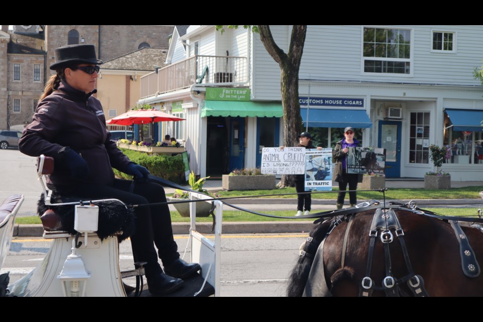 Protests against horse-drawn carriages continued this weekend at the corner of King and Queen streets. Last week councillors debated and decided not to have a ‘sunset clause’ for carriage operations, as town staff had recommended.