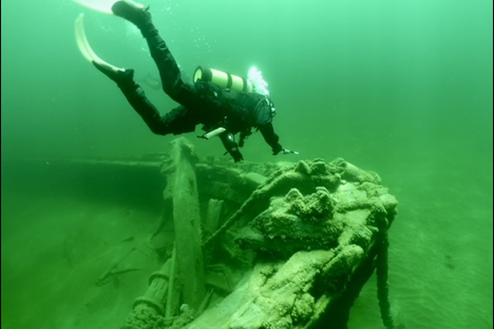 A diver checks out the anchor on the Marquette.