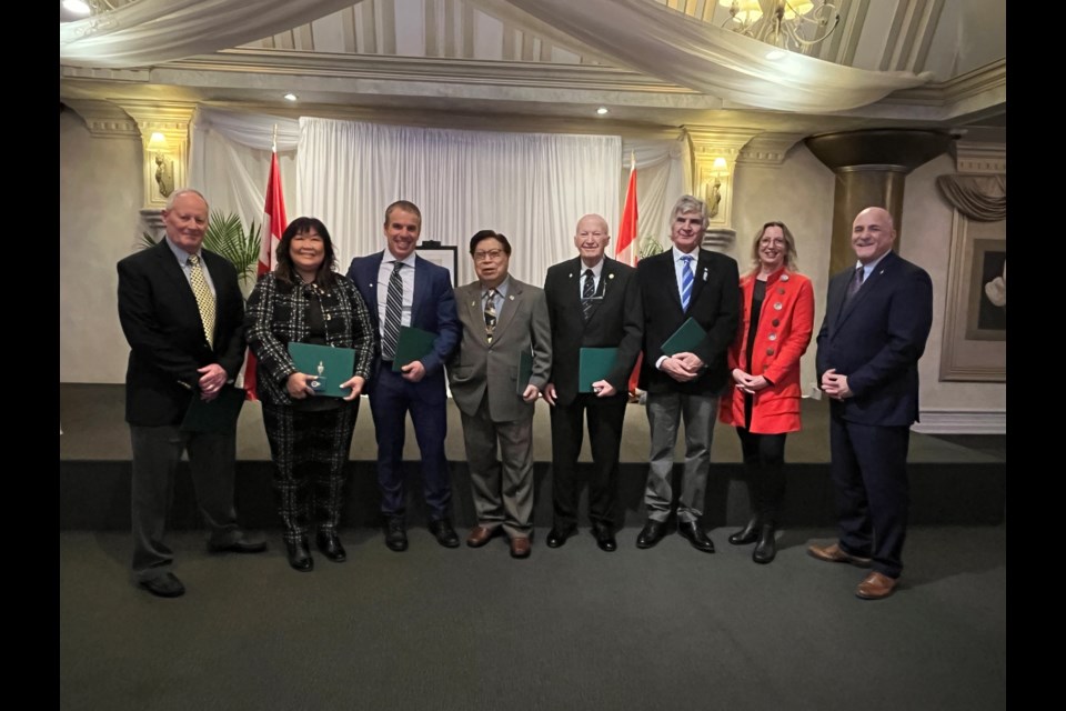 Seven NOTL residents were awarded King Charles III Coronation medals at a ceremony in Niagara Falls. L-R: Tony Chisholm, Dorothy Soo-Wiens, Joe Pillitteri, Art Viola, Allan Magnacca, Peter Warrack, Steffanie Bjorgan, MP Tony Baldinelli