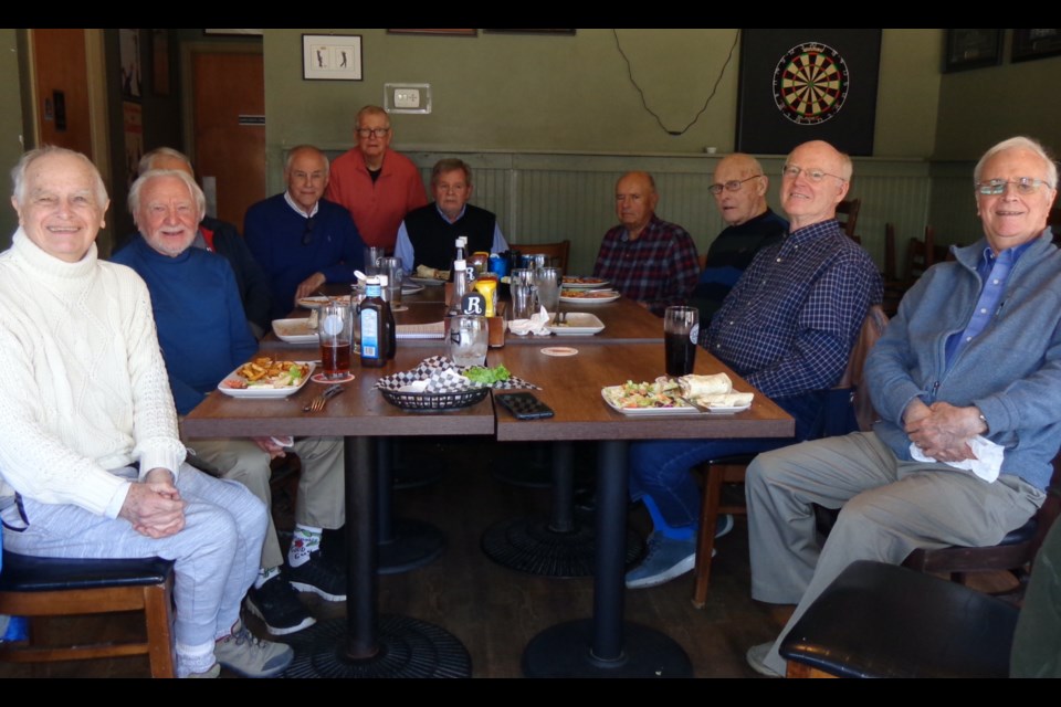 Meeting at the Sandtrap Pub and Grill are Lewis Ford, Earl Waugh, Dave Hunter (hidden), Ken Douglas, Peter Gill (standing), Ian Doherty, Terry Boulton, David Lailey, Ian Reece and Randy Boyce.                               
