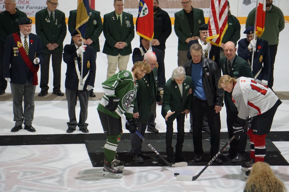 Wolves captain Marco Gruosso takes the ceremonial opening faceoff at the International Silver Stick Tournament in Forest, Ontario.                                