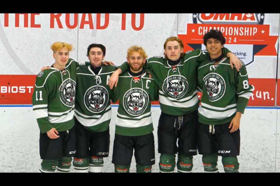 The five graduating U18 Wolves after their final game last weekend L-R: Carter Lalonde, Lucas Roberts Ramos, Marco Gruosso, Logan Smythe, Nick Munera.