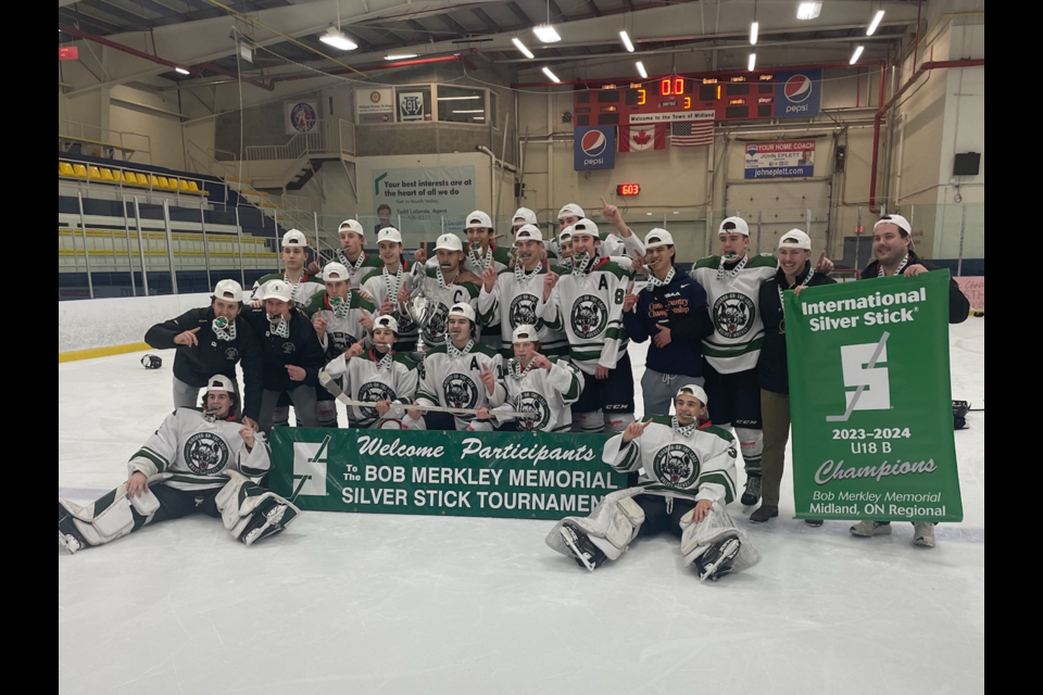 The NOTL U18 Wolves won the Bob Merkley Memorial Silver Stick Tournament in Midland last weekend