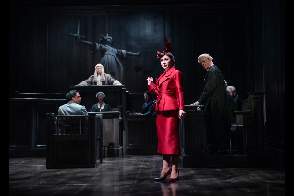Andrew Lawrie as Leonard Vole, Marla McLean as Romaine Vole, Patrick Galligan as Sir Wilfrid Robarts, QC, with the cast of Agatha Christie’s Witness for the Prosecution. 