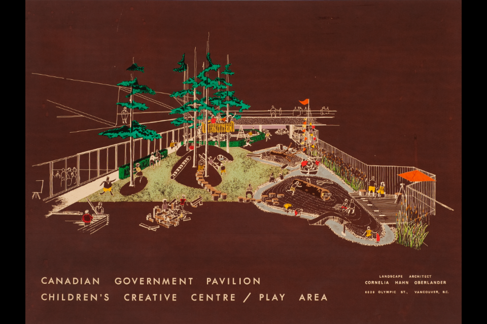 Cornelia Hahn Oberlander, Perspective view for Children's Creative Centre Playground, Canadian Federal Pavilion, Expo '67, Montréal, Québec, ca. 1967, dry transfer on negative photostat printed on cardboard.