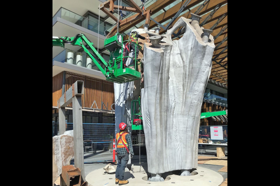 "Tree Snag," a new public art piece by West Vancouver artist Douglas Coupland, is installed in the Ambleside area on April 15, 2021.