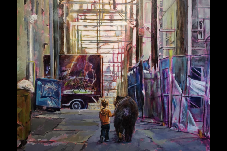 A painting by Louise Nicholson, titled ‘Friendship is the Key,’ inspired by photographer Christian Core, shows a little boy walking down a Downtown Eastside alleyway with a black bear by his side.