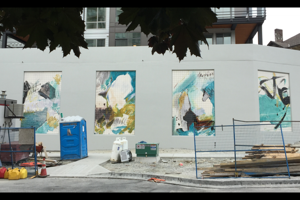 Vancouver artist Deb Chaney's •	West Coast Abstracts  paintings were rendered into a large-scale public art installation encompassing four 16’ x 10’ hand-painted tile panels by Viuva Lamego of Portugal at 108 Eighth St. East, North Vancouver.. 