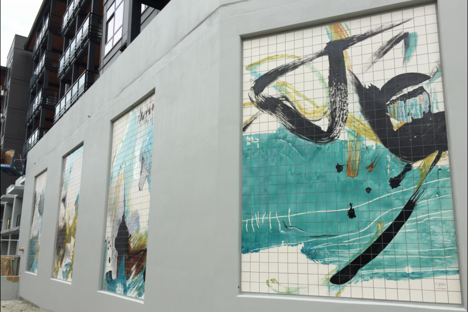 Vancouver artist Deb Chaney's •	West Coast Abstracts  paintings were rendered into a large-scale public art installation encompassing four 16’ x 10’ hand-painted tile panels by Viuva Lamego of Portugal at 108 Eighth St. East, North Vancouver.