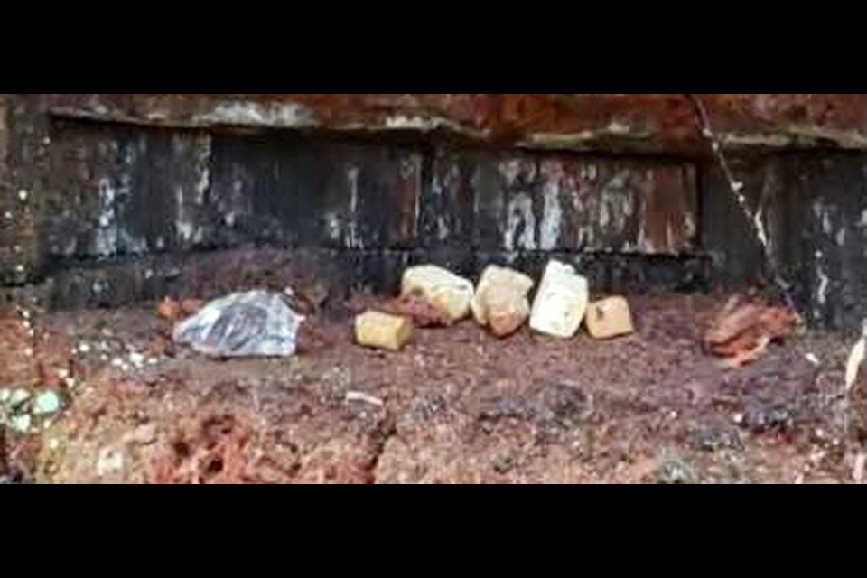 Broken glass is found sitting amid dog treats in a North Vancouver park, Feb. 7, 2022.