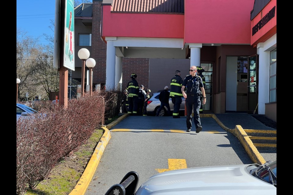 RCMP are investigating after a vehicle drove into the wall of the A&W Restaurant on North Vancouver's Marine Drive Saturday afternoon.