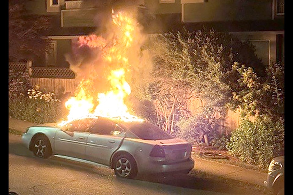Police say an investigation is underway after a car engulfed in flames in the early morning hours last week. | Courtesy of Guy Dagenais