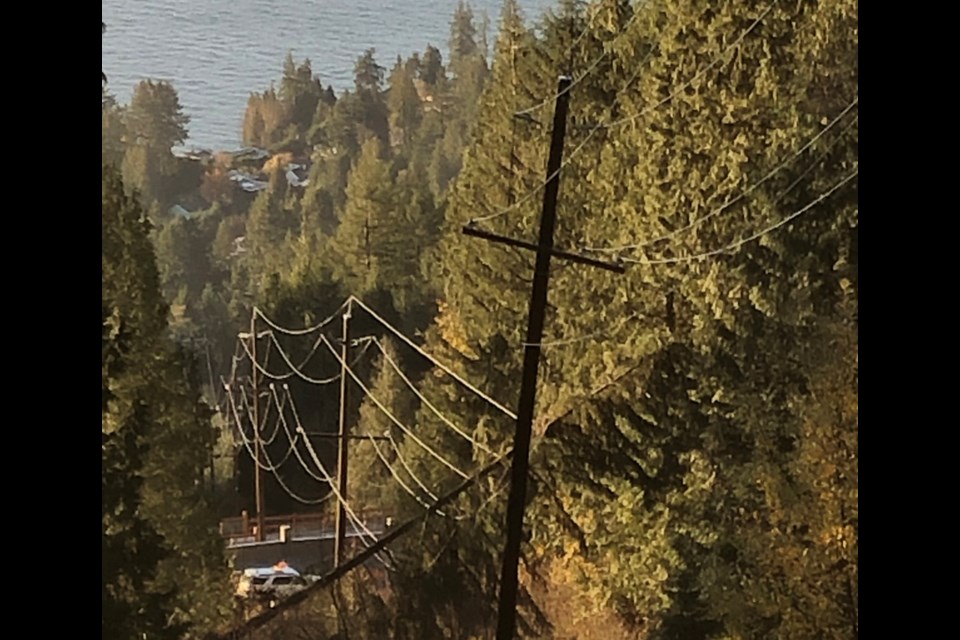 One of the downed hydro poles on the North Shore, Nov,. 9, 2021.