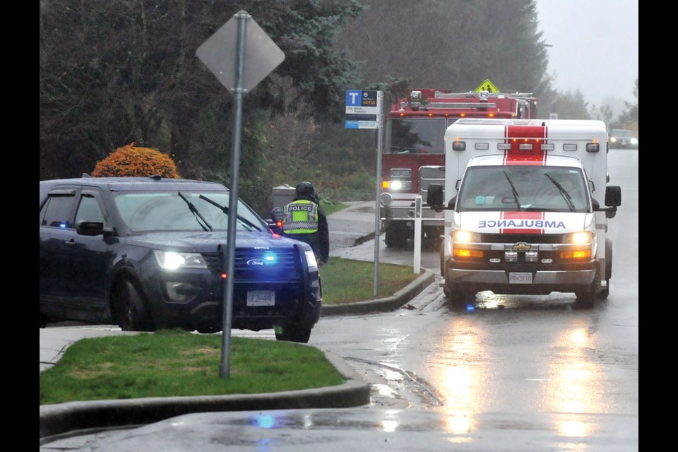 Police, fire and ambulance were on scene at Ecole Sentinel Secondary on Monday after a bomb threat was called in to the school.