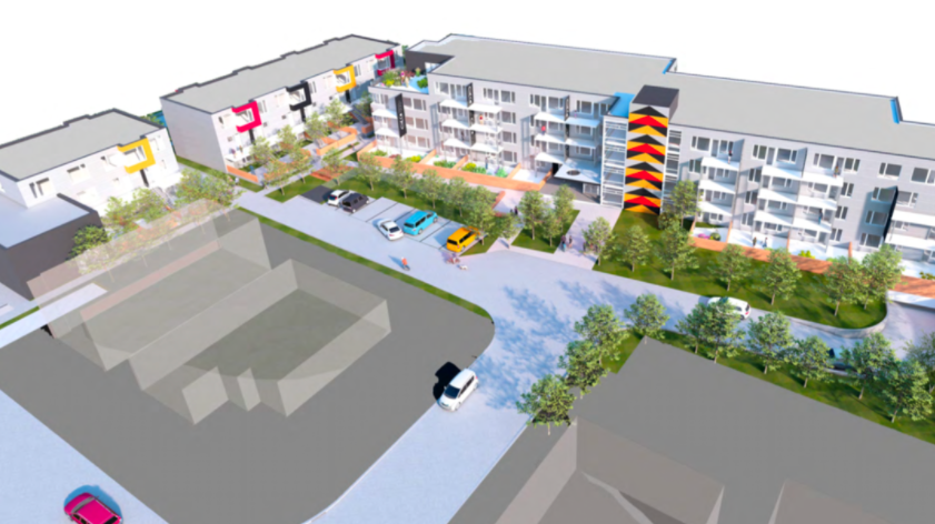 A rendering shows the proposed 94-unit affordable housing project at  the Welch and Mathias Road site, in the community of X̱wemelch'stn in North Vancouver.