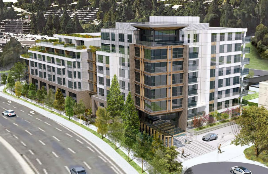 Executive Park Limited Partnership (Executive Group) has applied to the District of West Vancouver to rezone and develop 657 and 675 Marine Dr. and 660 Clyde Ave. to allow for the construction of an 89-unit residential building. This is an artist's rendering of the building looking northwest. 