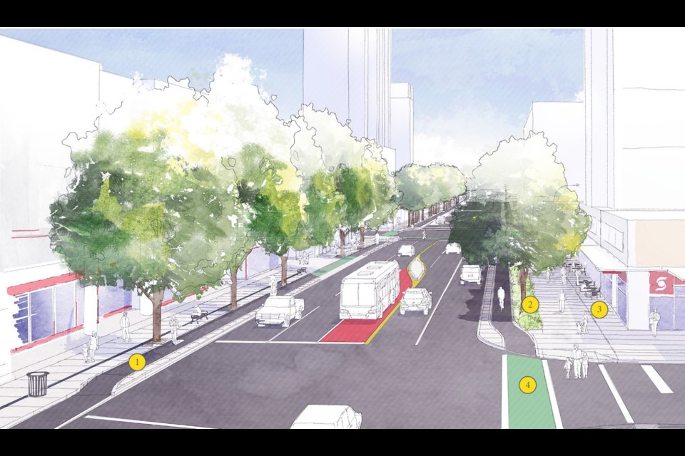 A rendering shows what Esplanade will look like, looking east from Rogers Overpass, after the Esplanade Complete Streets project is finished. 