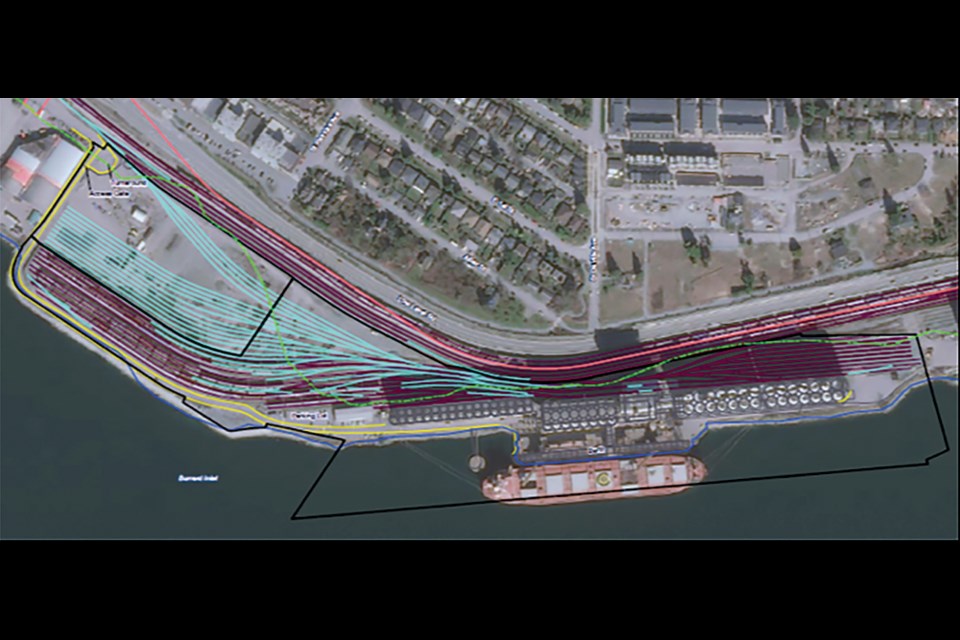 A design shows the potential layout for new rail lines (in turquoise) at Richardson International's North Vancouver rail yard, Dec. 13, 2021.