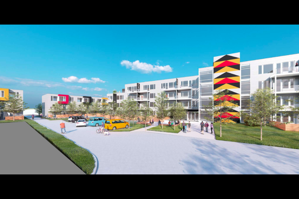 A rendering of the proposed 94-unit affordable housing project at the Welch and Mathias Road site, in the community of X̱wemelch'stn in North Vancouver.