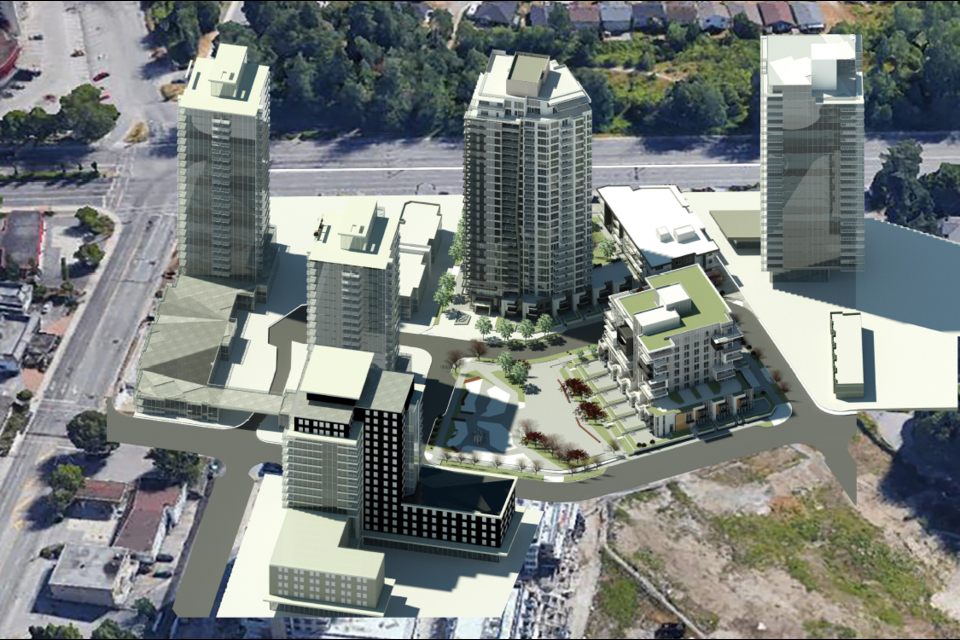 The three-building project (centre-top) will add 373 parking stalls near one of the busiest intersections in North Vancouver.