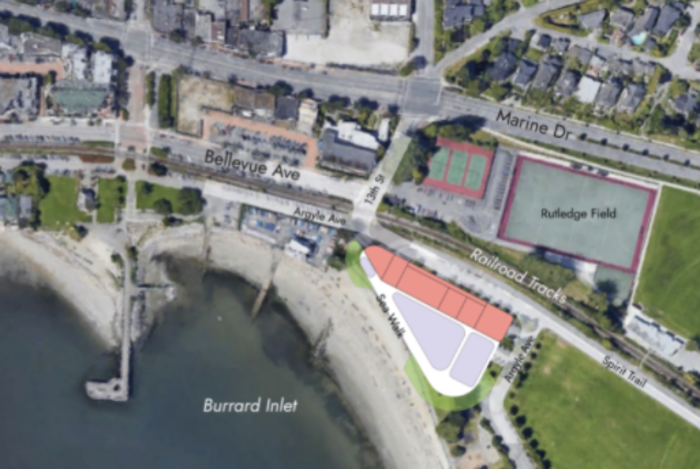 Results from a community survey on two site options for a new art centre in West Van came back "inconclusive." This image shows option two, the south parking lot, which would see an art centre built directly adjacent to the waterfront and south of the rail line and Spirit Trail. 