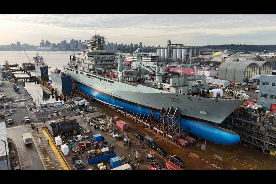 HMCS Proteceur prepares for its launch at North Vancouver's Seaspan shipyards.