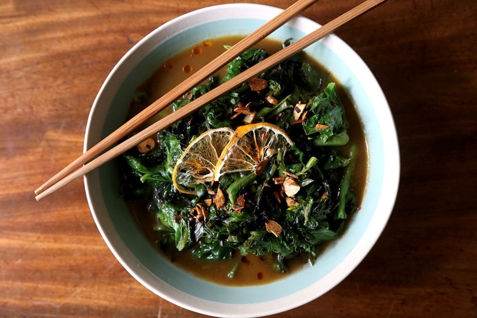 Super-charged sauteed kale greens and shoots are very healthy and taste great in miso veggie broth.