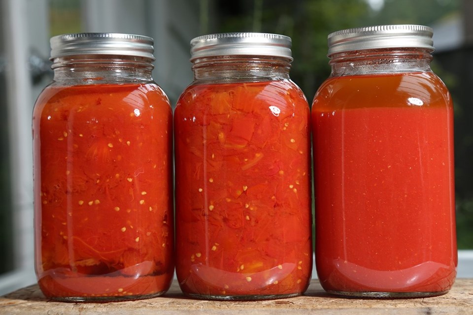 San Marzano tomatoes three ways (from left): whole peeled, skin on chopped, skin on puréed.