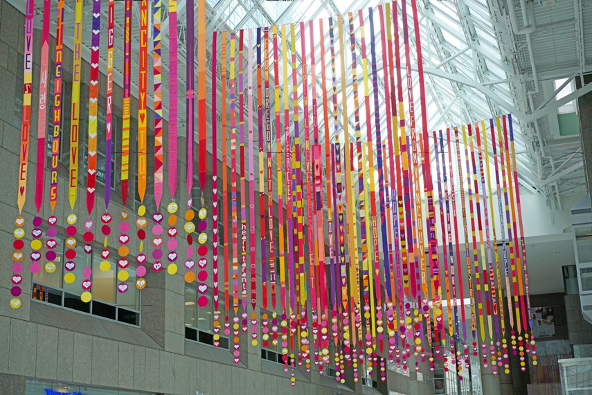 A colourful quilted tribute to victims of a van attack in Toronto on display near Yonge Street in 2018. The project, created by North Van artist Berene Campbell, is similar to a concept that Campbell has envisioned to honour Lynn Valley.