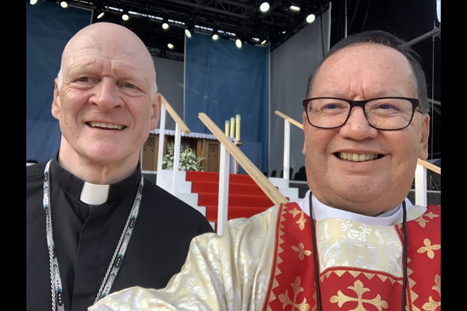 Bishop Mark Hagemoen and Deacon Rennie Nahanee at Commonwealth Stadium in Alberta before the Papal mass and apology, July 25, 2022.
