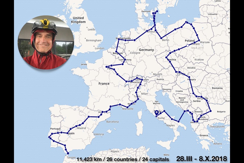 A map of the route that Jacek Laszkiewicz took at the start of his bike trip in Gibraltar to the final stop in Rome six months later. 