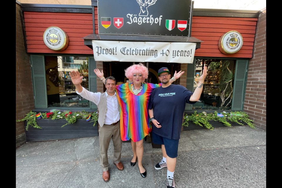 Chris Bolton (aka Conni Smudge) and Gary Woods, co-founders of the North Shore Pride Alliance,  meet with Jagerhof Restaurant owner Chris Gehry to redecorate in Lower Lonsdale, on Tuesday, July 27, 2021.