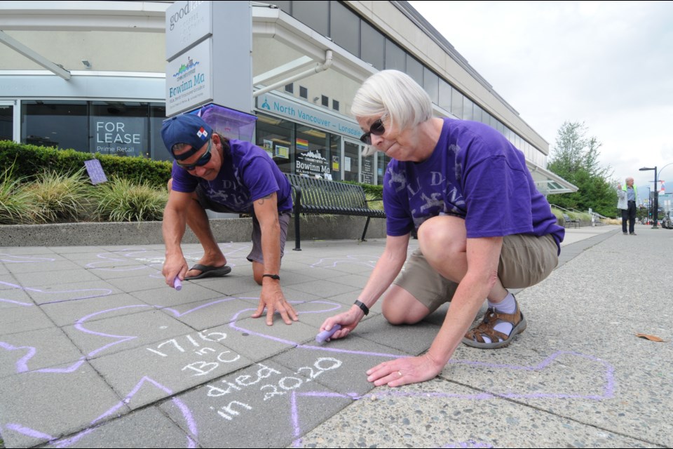 Moms Stop the Harm members Matthew Witt and Jennifer Cooper will be drawing purple outlines resembling forensic body markings outside North Shore politicians’ offices on Saturday, Aug. 28, 2021, to raise awareness of B.C.’s opioid crisis and International Overdose Awareness Day.