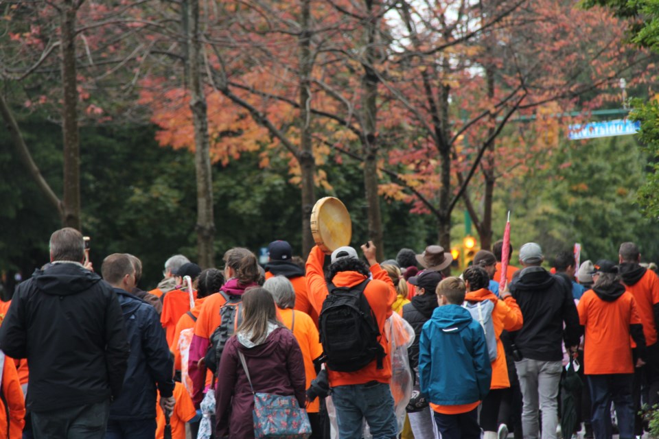 Tsleil-Waututh members walked 8.5 km through North Vancouver to the former St. Paul's Residential School site to commemorate National Day for Truth and Reconciliation on Sept. 30, 2021.