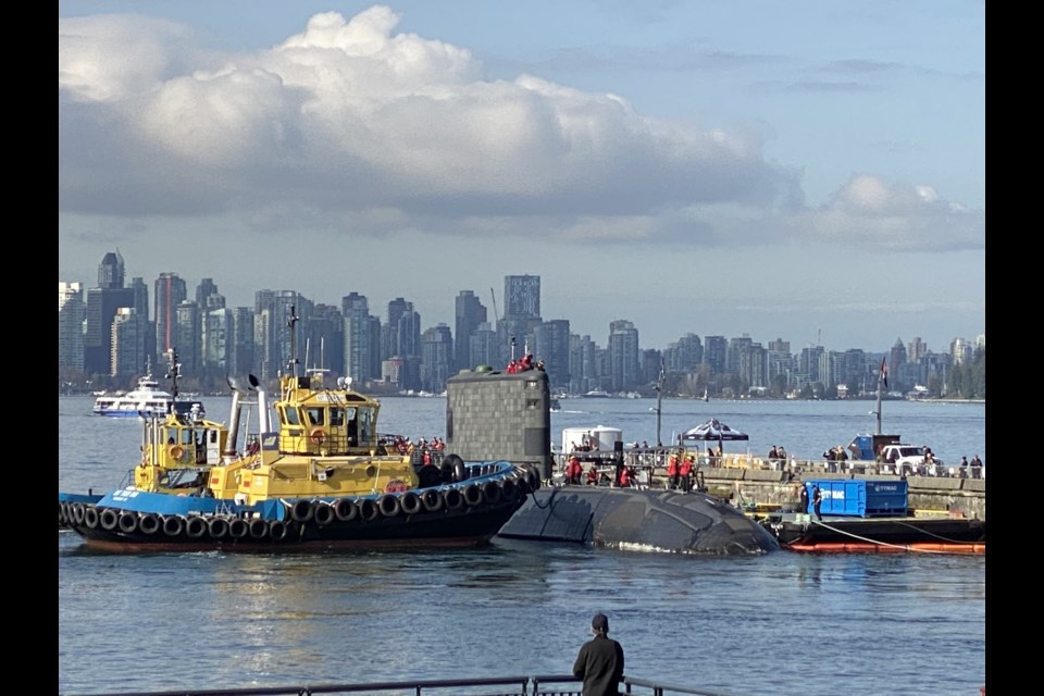 HMCS Corner Brook floats near Burrard Pier in North Vancouver Thursday. | North Shore News staff