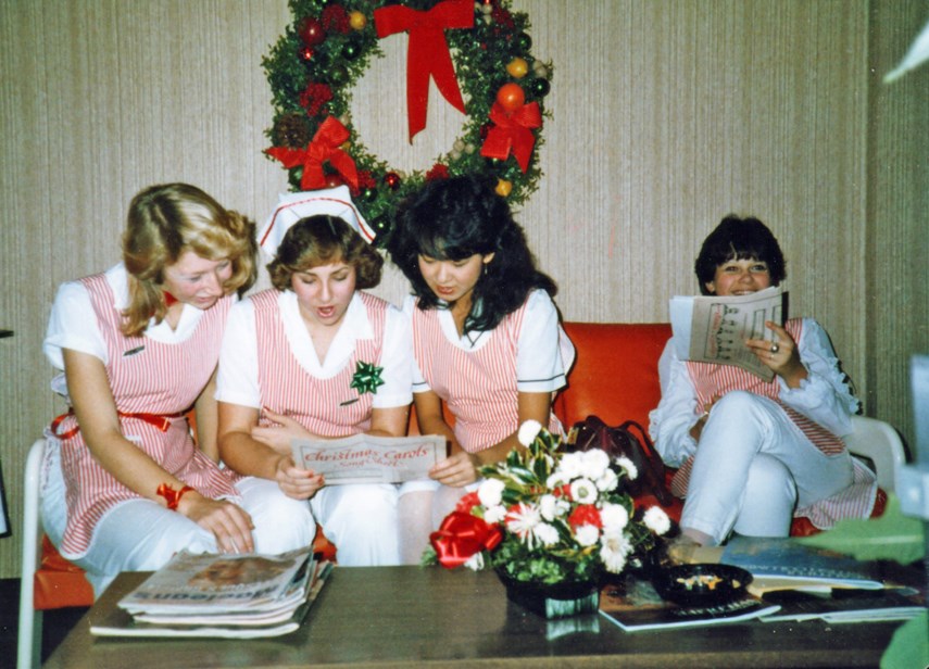 A quartet of young women, part of the Auxiliary to the Lions Gate Hospital's Candy Stripers unit, who provided child-minding services to visitors, take a break circa 1980. The auxiliary is celebrating its 100th anniversary in 2021. 