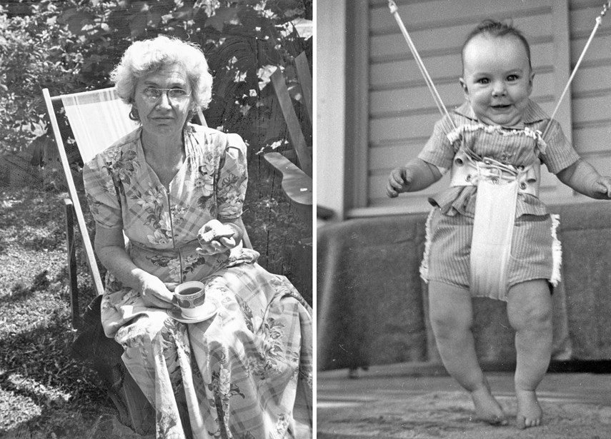 Left is a picture of Olivia Poole later in life holding a cup of tea. On the right a picture of her grand-daughter Tracey as a baby using an early prototype of the Jolly Jumper.