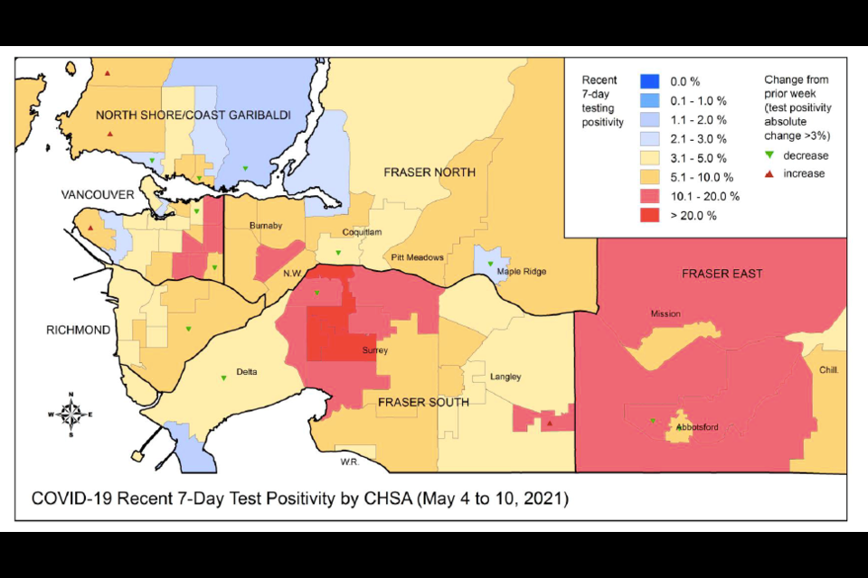 A map showing rates of positivity in COVID-19 tests by geographic area in the Lower Mainland for the week ending May 10.