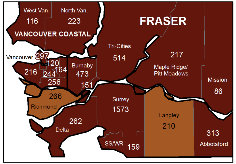 A map shows the geographic breakdown of COVID cases in the Lower Mainland for the week ending April 10.