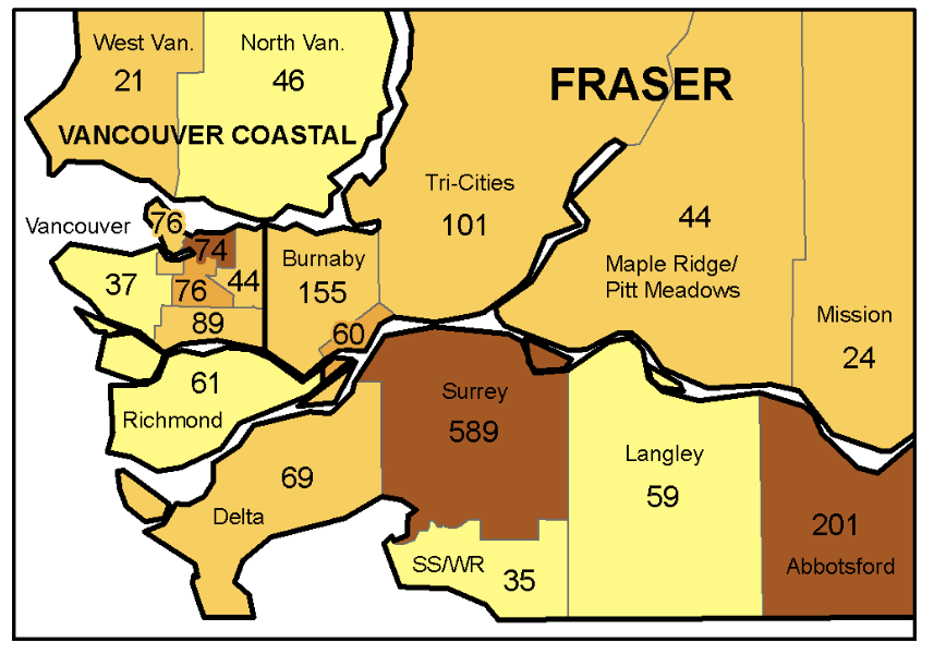 A map showing the geographical break down of COVID cases in the Lower Mainland for the week ending  Jan. 23.
